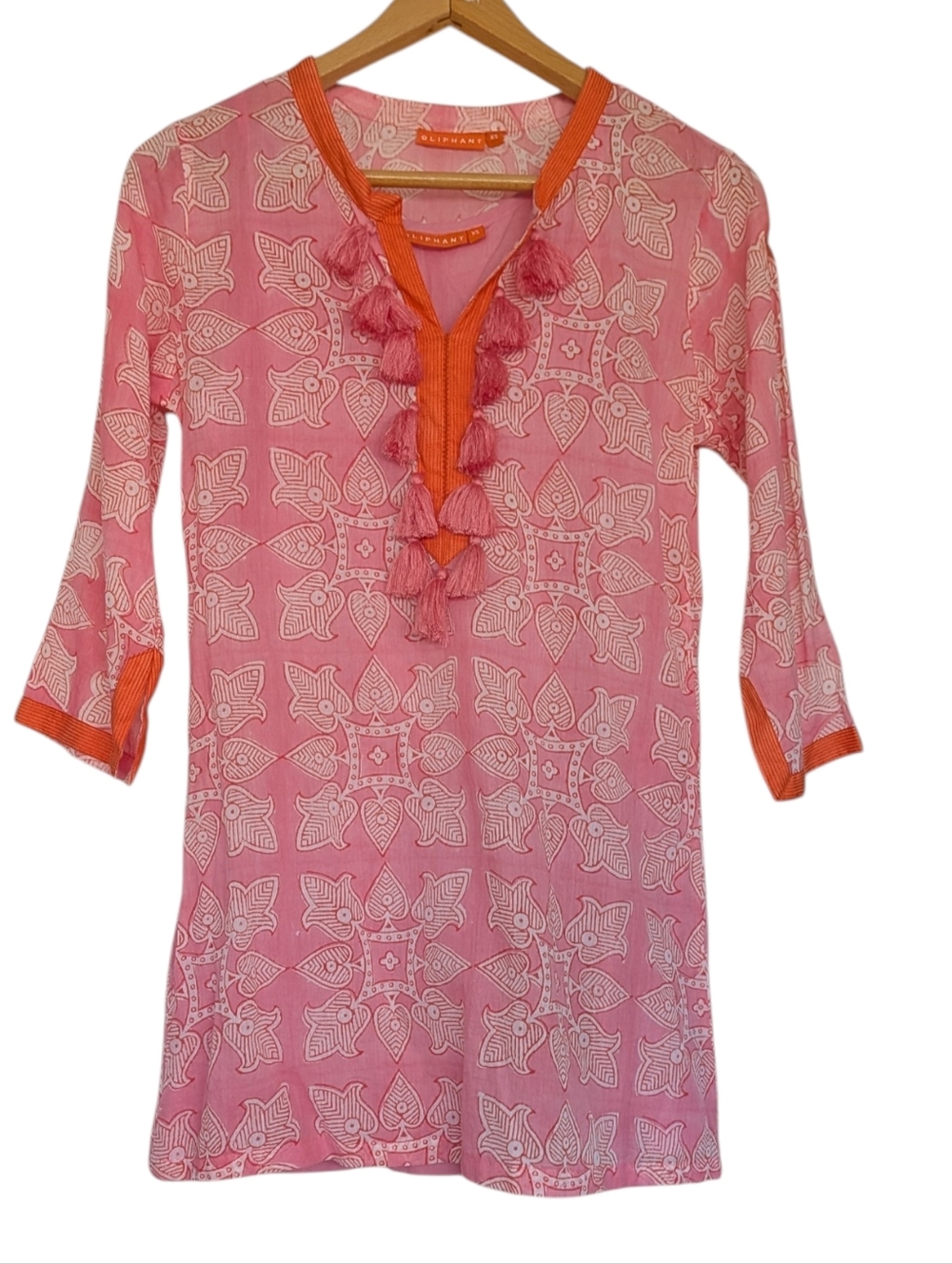 Oliphant Pink and White Tunic Top Orange Trim and Tassels Size Xs Cotton Slip